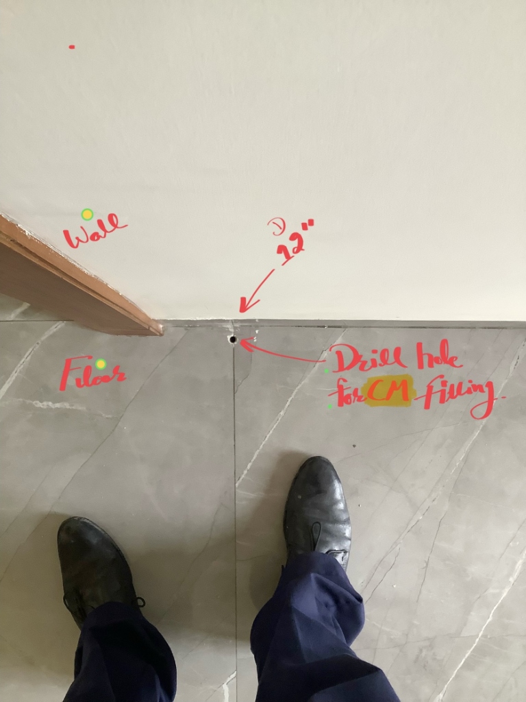 Floor-line drill hole prepared for chemical filling